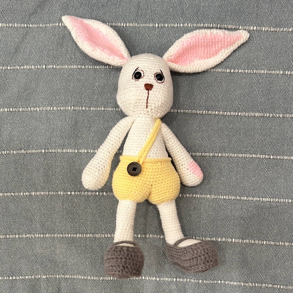 Handmade Crochet Bunny Plush Toy Amigurumi with Yellow Shorts
